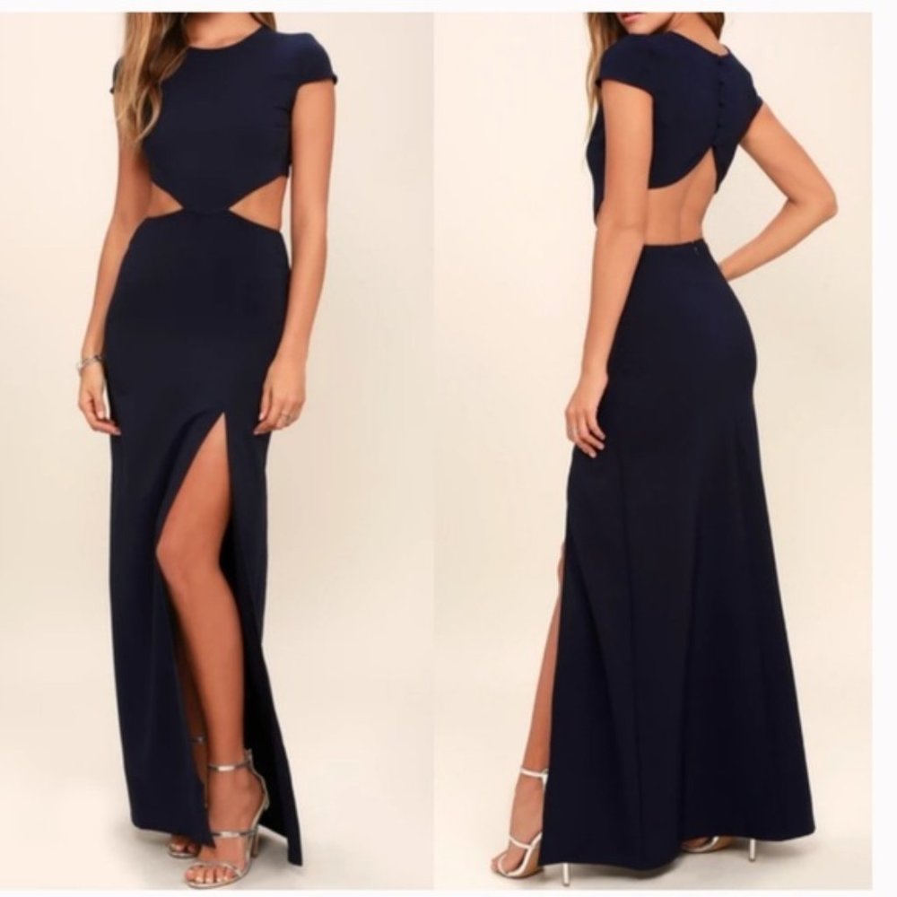 LULU'S Conversation Piece Navy Blue Backless Maxi